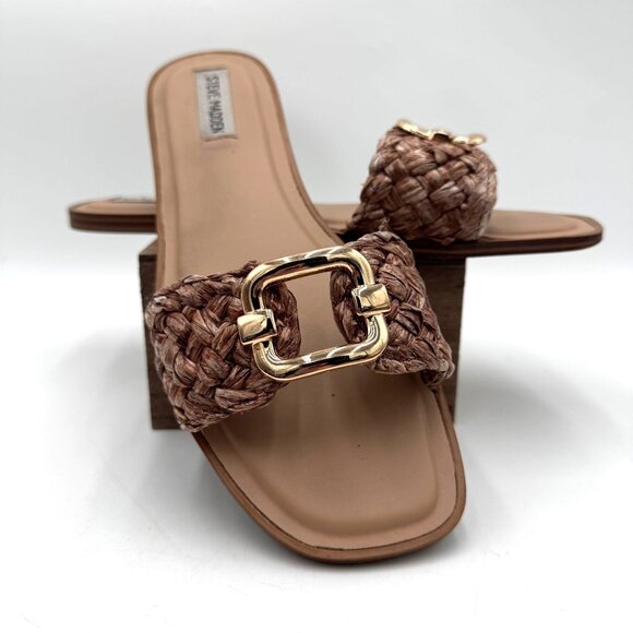 Steve Madden Women's Tan and Brown Sandals raffia fabric woven gold tone large b - Picture 1 of 13